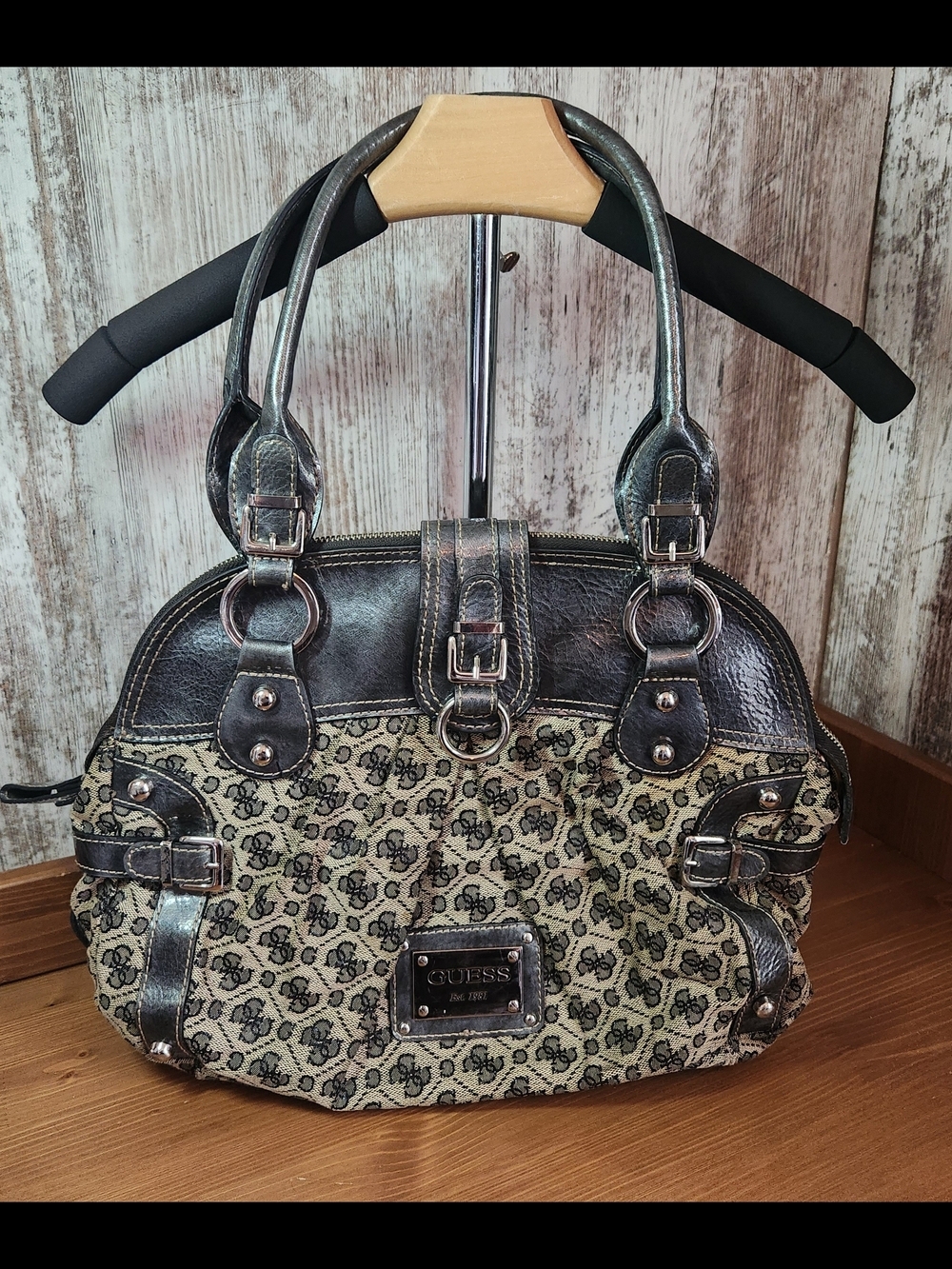 Guess Dome Satchel Signature Logo Jacquard Metallic Dark Gray Trim Silver Tone